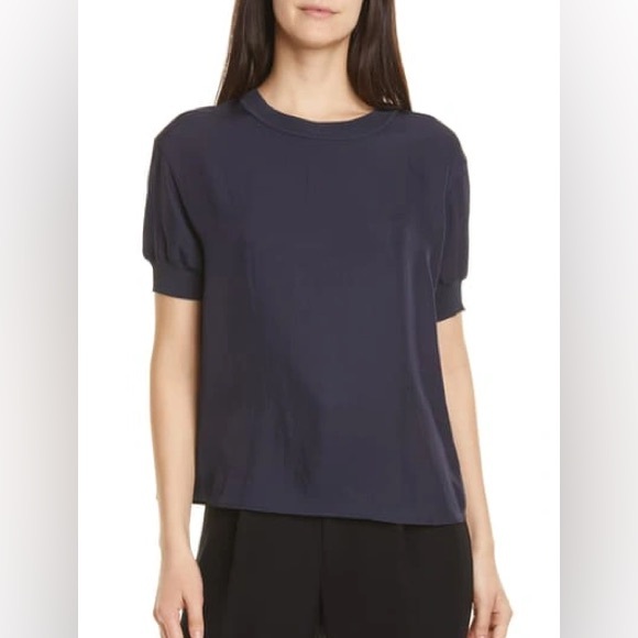 Vince Top Rib Trim Coastal Satin Crepe Crewneck Short Sleeve Relaxed - Picture 12 of 12